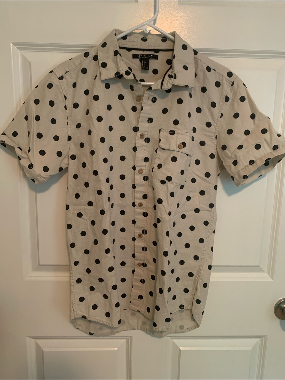 Polka Dot Short-Sleeve Button-Down Shirt - Beige with Black Dots